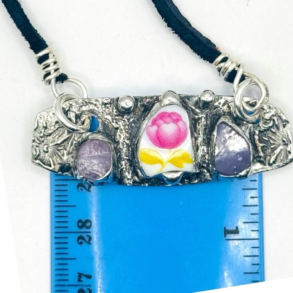 Artisan Boho Broken China & Glass Mixed Media Necklace With Silver Blend Pendant - Picture 8 of 14